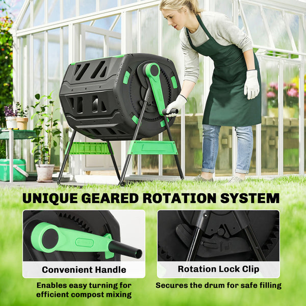 200L Garden Compost Bin, Dual Chamber Rotating Tumbling Composter with 8 Adjustable Vents, BPA Free Outdoor Compost Tumbler with 2 Sliding Doors, Gloves, Screwdriver, Wrench and Metal Frame