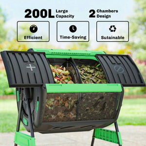 200L Garden Compost Bin, Dual Chamber Rotating Tumbling Composter with 8 Adjustable Vents, BPA Free Outdoor Compost Tumbler with 2 Sliding Doors, Gloves, Screwdriver, Wrench and Metal Frame