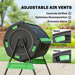 200L Garden Compost Bin, Dual Chamber Rotating Tumbling Composter with 8 Adjustable Vents, BPA Free Outdoor Compost Tumbler with 2 Sliding Doors, Gloves, Screwdriver, Wrench and Metal Frame