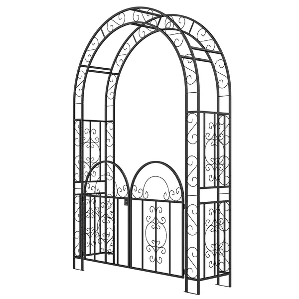 7.4ft Steel Garden Arch with Gate, Garden Arbor Trellis for Climbing Plants, Roses, Vines, Wedding Arch Stand for Outdoor, Garden, Lawn, Backyard, Black