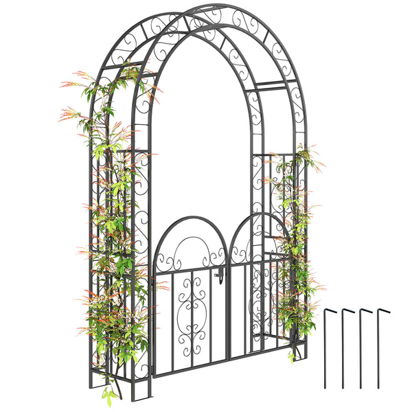 7.4ft Steel Garden Arch with Gate, Garden Arbor Trellis for Climbing Plants, Roses, Vines, Wedding Arch Stand for Outdoor, Garden, Lawn, Backyard, Black