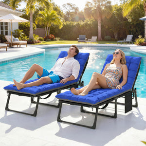 Lounge Chair Outdoor Set of 2, 75 cm Wide Folding Chaise Lounge Tanning Chair, 5-Position Beach Patio Lounger Camping Cot Bed with Cushion, Side Pocket, Dark Grey/Blue