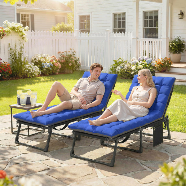 Lounge Chair Outdoor Set of 2, 75 cm Wide Folding Chaise Lounge Tanning Chair, 5-Position Beach Patio Lounger Camping Cot Bed with Cushion, Side Pocket, Dark Grey/Blue