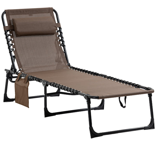 Folding Lounge Chair, Reclining Tanning Chair, Portable Sun Lounger with Adjustable Backrest and Removable Pillow for Patio, Garden, Beach, Brown