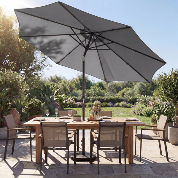 2.7 m Garden Parasol Umbrella with Cross Base and Sandbag, Retractable Ribs, Outdoor Table Market Patio Umbrella Sun Shade with 30 Degree Tilt and Crank, Vent, Light Grey