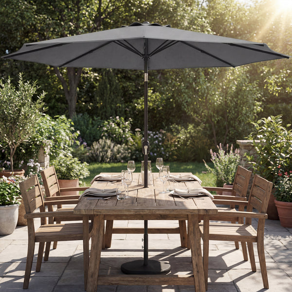 2.7 m Garden Parasol Umbrella with Cross Base and Sandbag, Retractable Ribs, Outdoor Table Market Patio Umbrella Sun Shade with 30 Degree Tilt and Crank, Vent, Light Grey