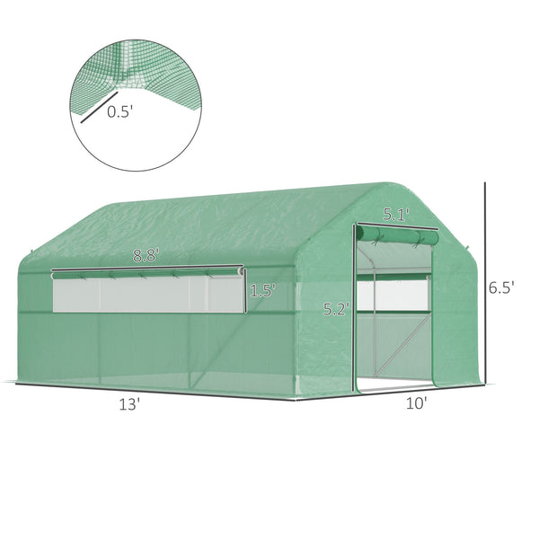 Outsunny 13' x 10' x 6.5' Hoop House Greenhouse with Large Windows and Zippered Door, Large Walk-In Tunnel Green House with Upgraded Galvanized Steel Frame, PE Cover, Gardening Plant Hot House, Green