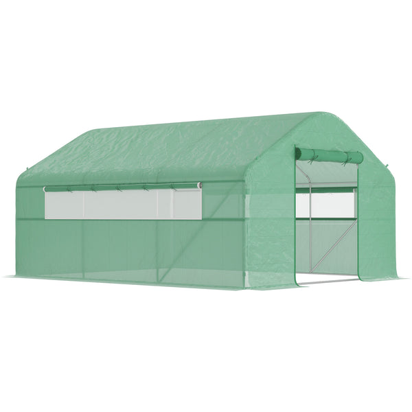 Outsunny 13' x 10' x 6.5' Hoop House Greenhouse with Large Windows and Zippered Door, Large Walk-In Tunnel Green House with Upgraded Galvanized Steel Frame, PE Cover, Gardening Plant Hot House, Green