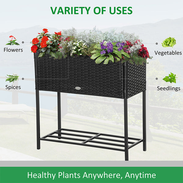 Outsunny Raised Garden Bed, Elevated Planter Box with Rattan Wicker Look, Tool Storage Shelf, Portable Design for Herbs, Vegetables, Flowers, Black