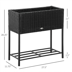 Outsunny Raised Garden Bed, Elevated Planter Box with Rattan Wicker Look, Tool Storage Shelf, Portable Design for Herbs, Vegetables, Flowers, Black