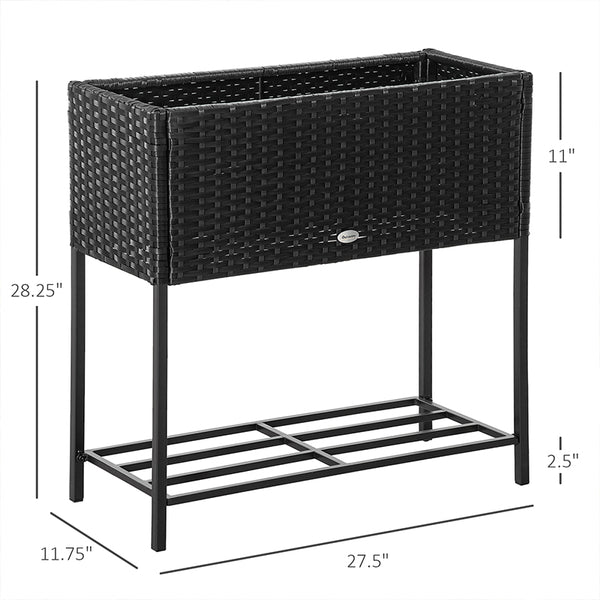 Outsunny Raised Garden Bed, Elevated Planter Box with Rattan Wicker Look, Tool Storage Shelf, Portable Design for Herbs, Vegetables, Flowers, Black