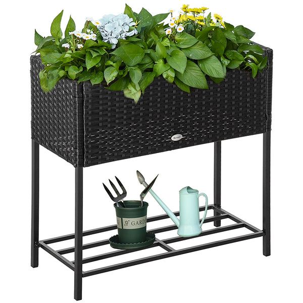 Outsunny Raised Garden Bed, Elevated Planter Box with Rattan Wicker Look, Tool Storage Shelf, Portable Design for Herbs, Vegetables, Flowers, Black