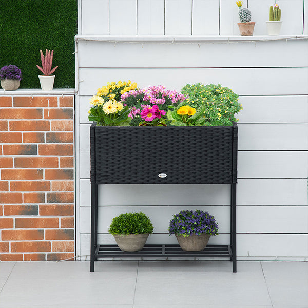 Outsunny Raised Garden Bed, Elevated Planter Box with Rattan Wicker Look, Tool Storage Shelf, Portable Design for Herbs, Vegetables, Flowers, Black