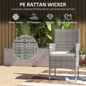 2 Pieces Outdoor PE Rattan Dining Chairs Set with Cushion, Garden Armchair with Armrests, High Backrest, Metal Frame Patio Wicker Furniture, Mixed Grey