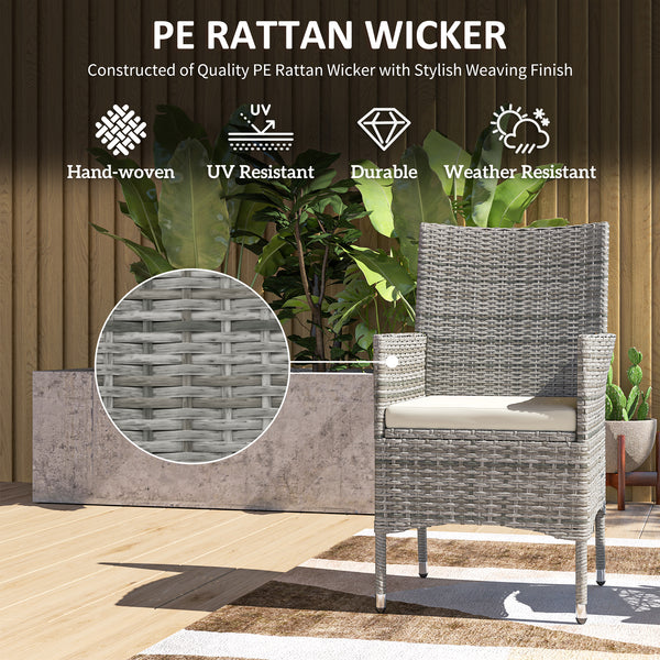 2 Pieces Outdoor PE Rattan Dining Chairs Set with Cushion, Garden Armchair with Armrests, High Backrest, Metal Frame Patio Wicker Furniture, Mixed Grey