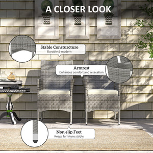 2 Pieces Outdoor PE Rattan Dining Chairs Set with Cushion, Garden Armchair with Armrests, High Backrest, Metal Frame Patio Wicker Furniture, Mixed Grey
