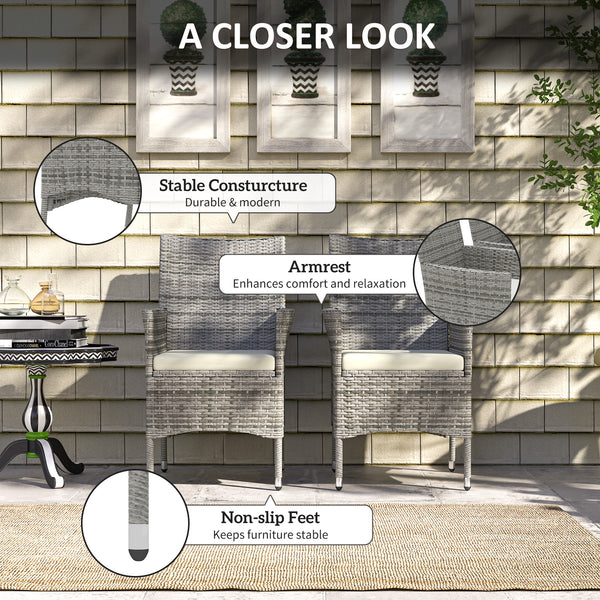 2 Pieces Outdoor PE Rattan Dining Chairs Set with Cushion, Garden Armchair with Armrests, High Backrest, Metal Frame Patio Wicker Furniture, Mixed Grey