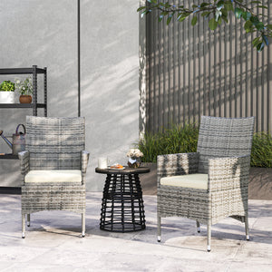2 Pieces Outdoor PE Rattan Dining Chairs Set with Cushion, Garden Armchair with Armrests, High Backrest, Metal Frame Patio Wicker Furniture, Mixed Grey