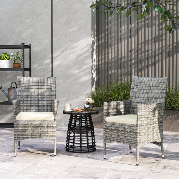 2 Pieces Outdoor PE Rattan Dining Chairs Set with Cushion, Garden Armchair with Armrests, High Backrest, Metal Frame Patio Wicker Furniture, Mixed Grey
