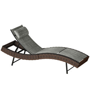Rattan Sun Lounger, 5 Position Adjustable Garden Lounger Recliner with S Shaped Texteline Seat and Headrest, Reclining Outdoor Sunbed with Metal Frame for Patio, Terrace, Brown