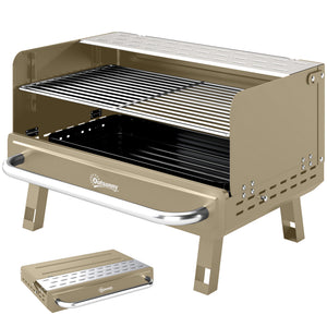 Portable BBQ Grill, Charcoal Barbecue Grill with Adjustable Grates, Foldable Legs and Side Shelf for Camping Hiking Picnic Travel Garden Outdoor Cooking, Khaki