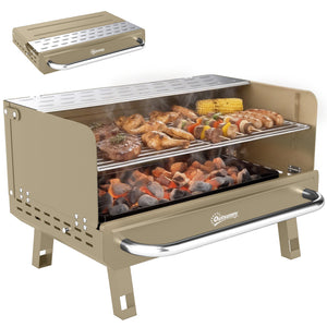 Portable BBQ Grill, Charcoal Barbecue Grill with Adjustable Grates, Foldable Legs and Side Shelf for Camping Hiking Picnic Travel Garden Outdoor Cooking, Khaki