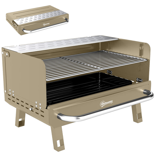 Portable BBQ Grill, Charcoal Barbecue Grill with Adjustable Grates, Foldable Legs and Side Shelf for Camping Hiking Picnic Travel Garden Outdoor Cooking, Khaki
