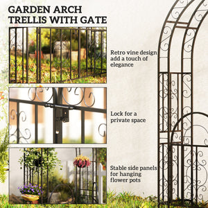 7.4ft Steel Garden Arch with Gate, Garden Arbor Trellis for Climbing Plants, Roses, Vines, Wedding Arch Stand for Outdoor, Garden, Lawn, Backyard, Black