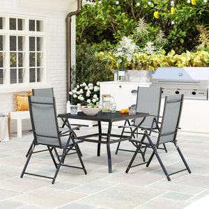 5 Pieces Garden Dining Set, 4 Seater Garden Furniture Set with Parasol Hole, Outdoor Dining Set with High Back Folding Chairs and Square Metal Top Table for Outdoor Patio, Grey