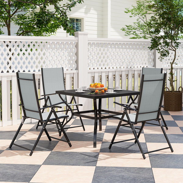 5 Pieces Garden Dining Set, 4 Seater Garden Furniture Set with Parasol Hole, Outdoor Dining Set with High Back Folding Chairs and Square Metal Top Table for Outdoor Patio, Grey