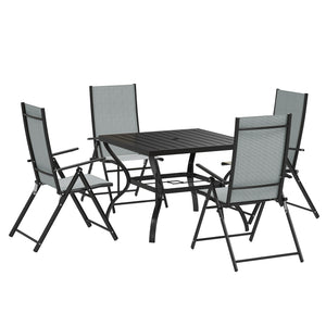 5 Pieces Garden Dining Set, 4 Seater Garden Furniture Set with Parasol Hole, Outdoor Dining Set with High Back Folding Chairs and Square Metal Top Table for Outdoor Patio, Grey
