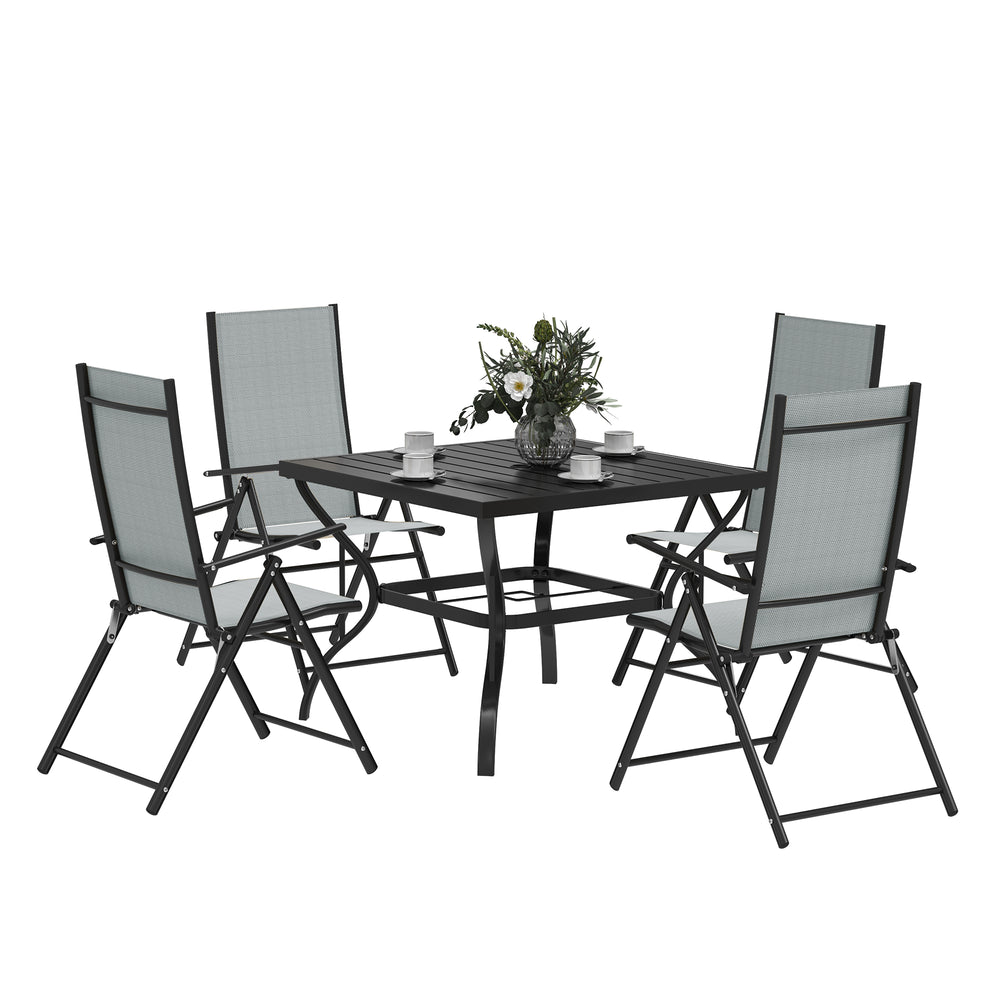 5 Pieces Garden Dining Set, 4 Seater Garden Furniture Set with Parasol Hole, Outdoor Dining Set with High Back Folding Chairs and Square Metal Top Table for Outdoor Patio, Grey