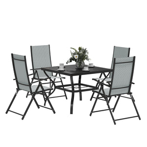 5 Pieces Garden Dining Set, 4 Seater Garden Furniture Set with Parasol Hole, Outdoor Dining Set with High Back Folding Chairs and Square Metal Top Table for Outdoor Patio, Grey