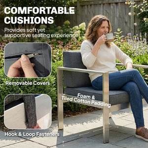 4 Seater Aluminium Garden Furniture Set, Olefin Cushions, Extra Wide Deep Garden Sofa Set with Loveseat, 2 Chairs, Faux Wood Table, Brushed Outdoor Furniture Conversation Sets, Dark Grey