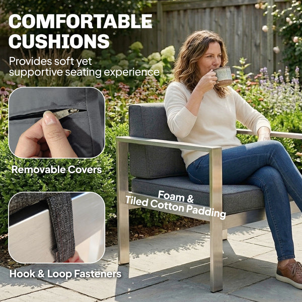 4 Seater Aluminium Garden Furniture Set, Olefin Cushions, Extra Wide Deep Garden Sofa Set with Loveseat, 2 Chairs, Faux Wood Table, Brushed Outdoor Furniture Conversation Sets, Dark Grey
