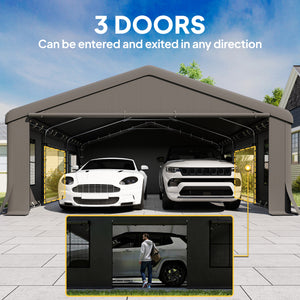 20' x 20' Heavy Duty Carport, Portable Garage Car Canopy Tent with Reinforced Galvanized Frame, 3 Roll-up Doors, 4 Mesh Windows for Cars, Trucks, Boats, Motorcycle, Bike, Dark Gray
