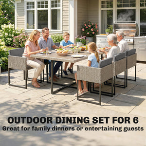 7 Piece Rattan Garden Furniture Set, Garden Dining Set with Wood-Plastic Table and 6 Stackable Chairs, Rattan Table and Chairs with 12 Cushions for Patio Terrace, Light Grey