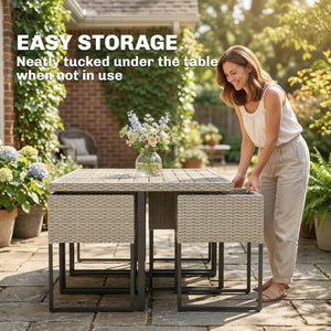 7 Piece Rattan Garden Furniture Set, Garden Dining Set with Wood-Plastic Table and 6 Stackable Chairs, Rattan Table and Chairs with 12 Cushions for Patio Terrace, Light Grey
