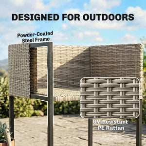 7 Piece Rattan Garden Furniture Set, Garden Dining Set with Wood-Plastic Table and 6 Stackable Chairs, Rattan Table and Chairs with 12 Cushions for Patio Terrace, Light Grey
