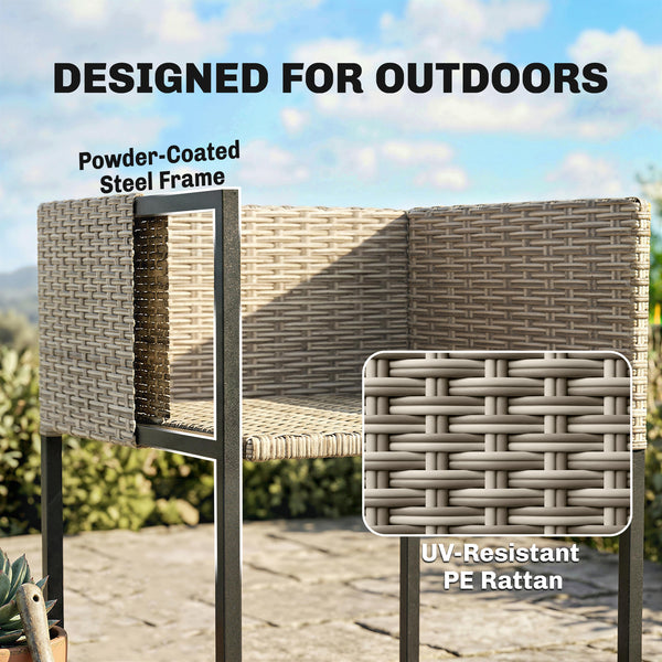 7 Piece Rattan Garden Furniture Set, Garden Dining Set with Wood-Plastic Table and 6 Stackable Chairs, Rattan Table and Chairs with 12 Cushions for Patio Terrace, Light Grey
