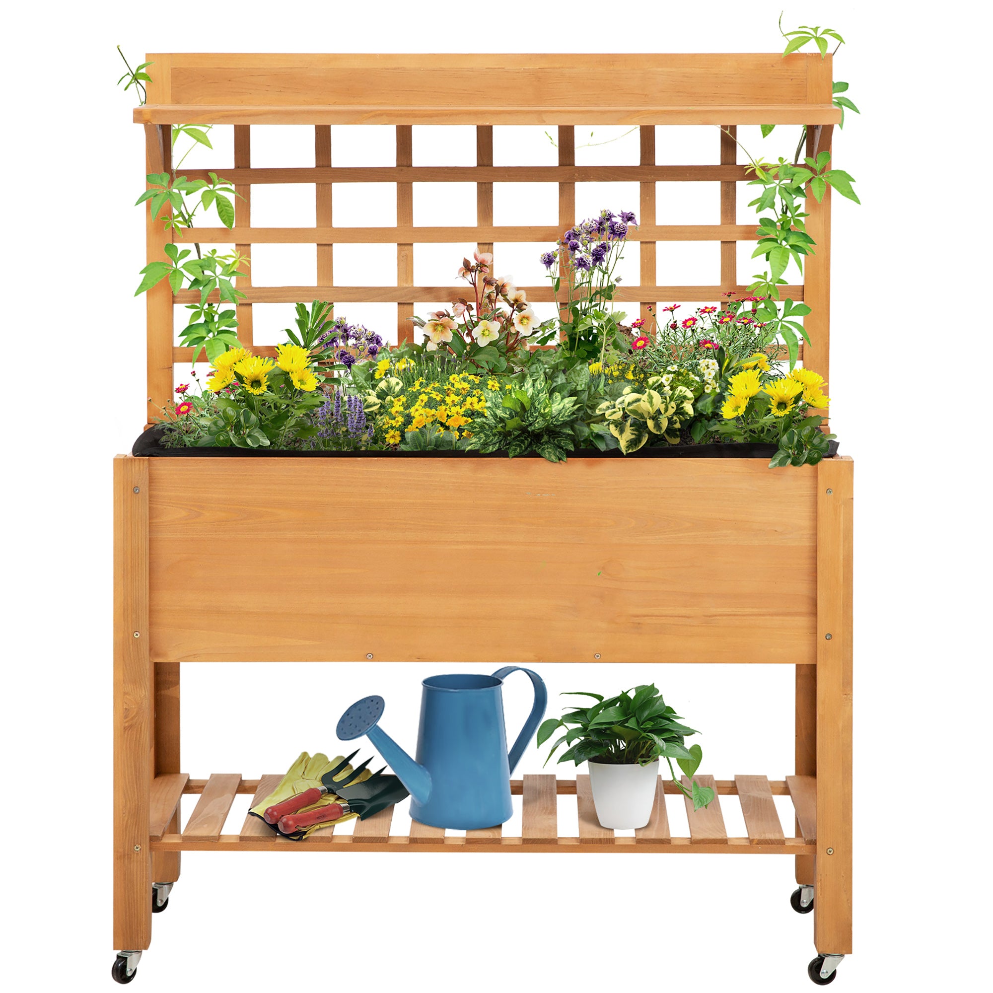 mobile planter with trellis Outsunny Garden Raised Bed with Shelf Wheels Wooden Planter Box for Vegetables Flowers Brown