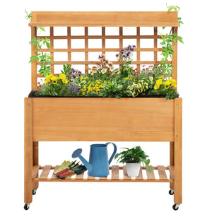 Outsunny 41" Raised Garden Bed with Trellis on Wheels, Wooden Elevated Planter Box with Legs and Bed Liner, for Flowers, Herbs & Vegetables, Brown