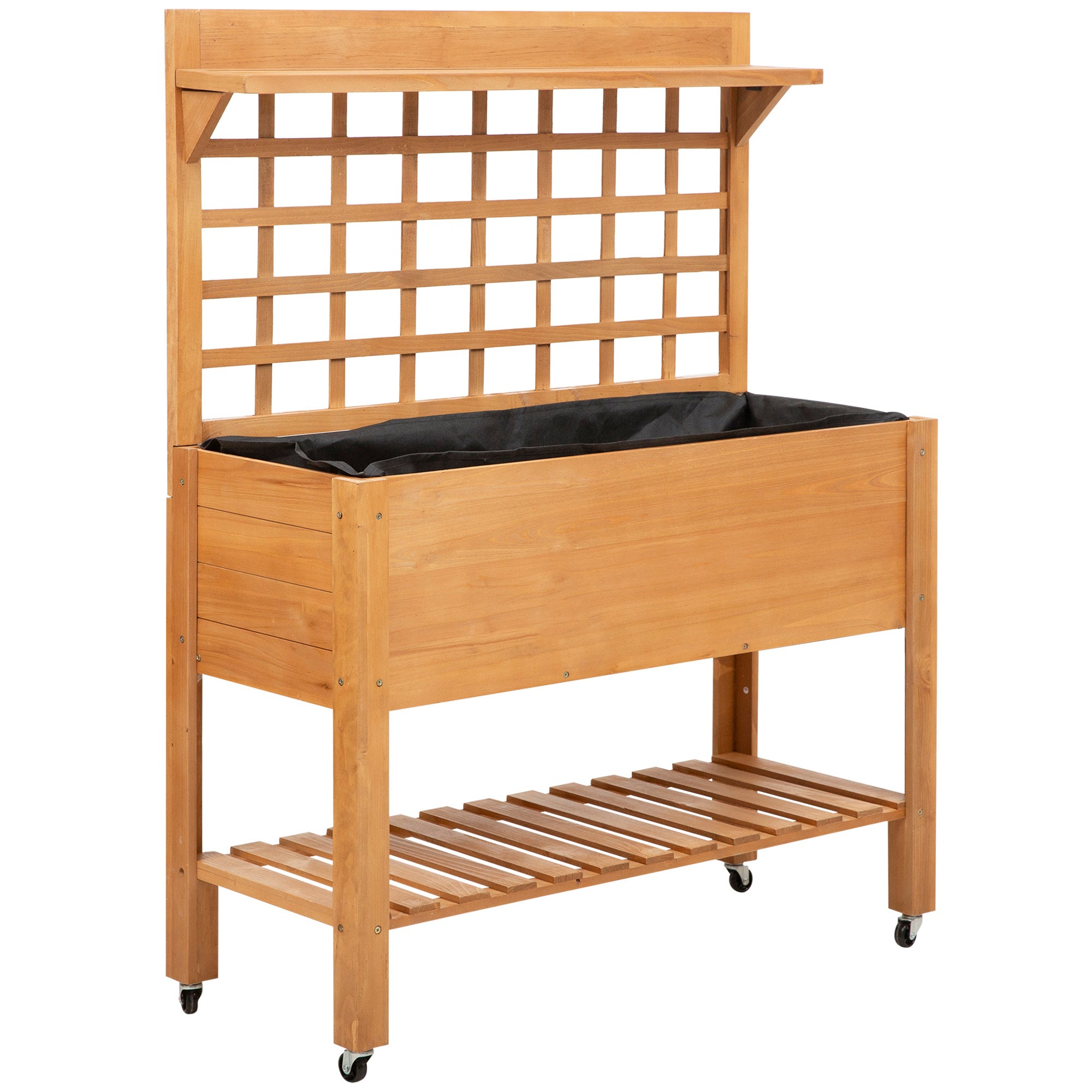 planter box with trellis on wheels Outsunny Garden Raised Bed with Shelf Wheels Wooden Planter Box for Vegetables Flowers Brown