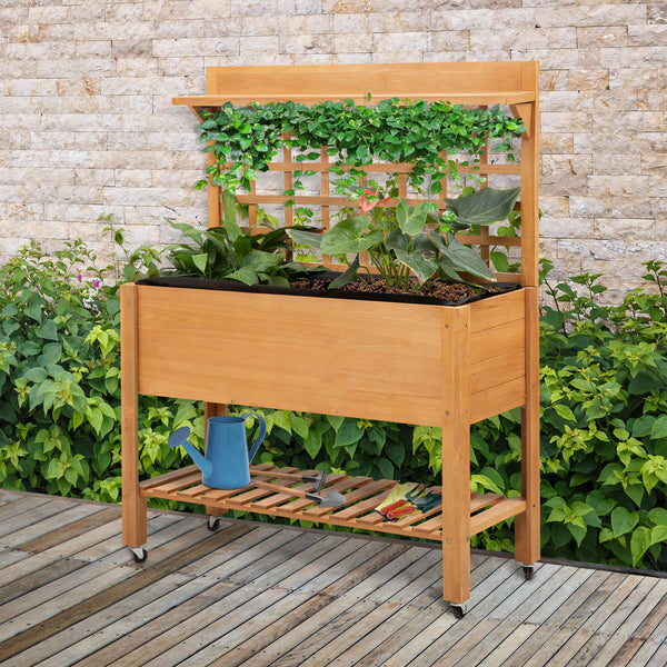 Outsunny 41" Raised Garden Bed with Trellis on Wheels, Wooden Elevated Planter Box with Legs and Bed Liner, for Flowers, Herbs & Vegetables, Brown