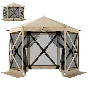 10 x 11 ft Pop Up Gazebo Screen Tent, Outdoor Portable Instant Camping Canopy Screen House Sun Shelter with Mesh Nettings, Carry Bag, Ground Stakes, Ropes for Patio, Backyard, Beige