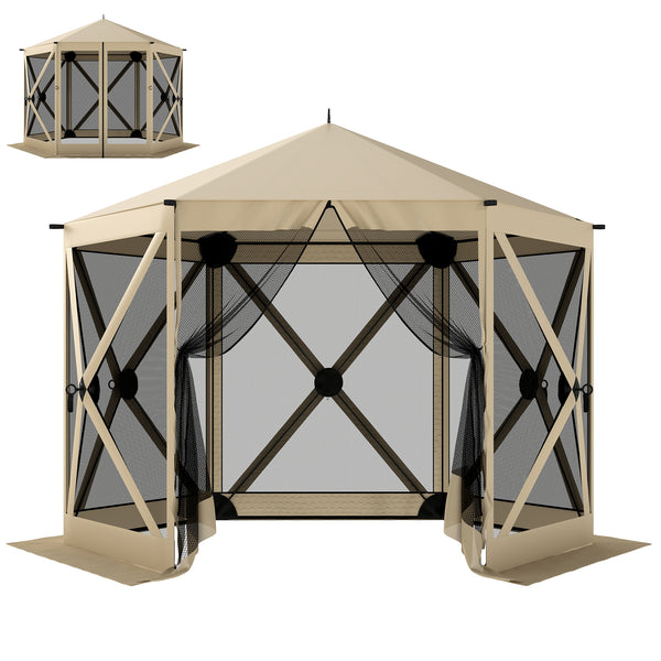10 x 11 ft Pop Up Gazebo Screen Tent, Outdoor Portable Instant Camping Canopy Screen House Sun Shelter with Mesh Nettings, Carry Bag, Ground Stakes, Ropes for Patio, Backyard, Beige