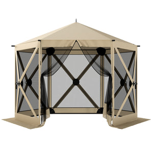 10 x 11 ft Pop Up Gazebo Screen Tent, Outdoor Portable Instant Camping Canopy Screen House Sun Shelter with Mesh Nettings, Carry Bag, Ground Stakes, Ropes for Patio, Backyard, Beige