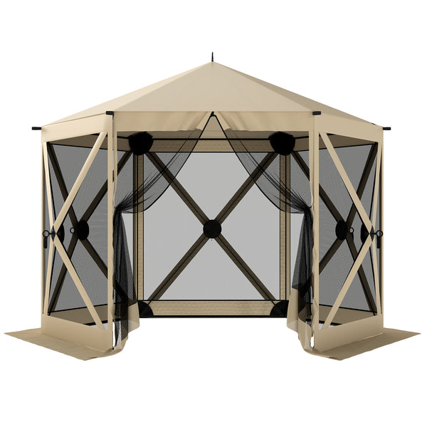 10 x 11 ft Pop Up Gazebo Screen Tent, Outdoor Portable Instant Camping Canopy Screen House Sun Shelter with Mesh Nettings, Carry Bag, Ground Stakes, Ropes for Patio, Backyard, Beige