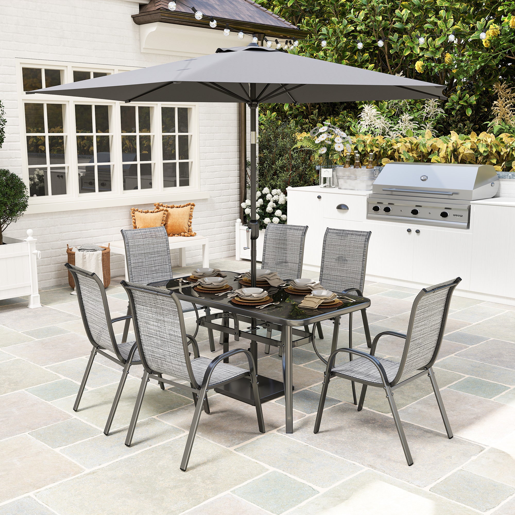 8 pc metal glass top patio table set with umbrella Phi Villa 60" Enlarged Basket-wave Sqaure The thick tempered glass top consists of an umbrella hole for a market umbrella to help shade you while eating and socializing Amazon.com: Outsunny 8 Piece Patio