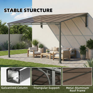 11' x 10' Outdoor Pergola, Wall Mounted Hardtop Lean-to Gazebo with Polycarbonate Roof and Metal-Aluminium Frame, Heavy Duty Metal Pergola for Patio Deck Backyard, Brown